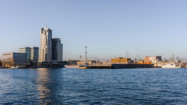 Skyline with Marriott hotel, Sea Towers skyscraper and the Port of Gdynia, the third largest seaport in Poland specialized in handling containers, ro-ro and ferry.