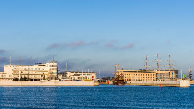 View on the Polish Naval Academy and the Port of Gdynia, the third largest seaport in Poland specialized in handling containers, ro-ro and ferry.