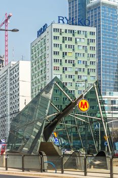 Entrance to the newly opened second line of Warsaw Subway. New line is 6.3 km (3.9 mi) long with 7 stations and tunnel under the Vistula river.