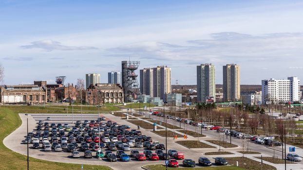 Overall view on the Silesian Museum arranged in the former coal mine “Katowice”. The complex combines old mining infrastructure with modern dynamic architecture.