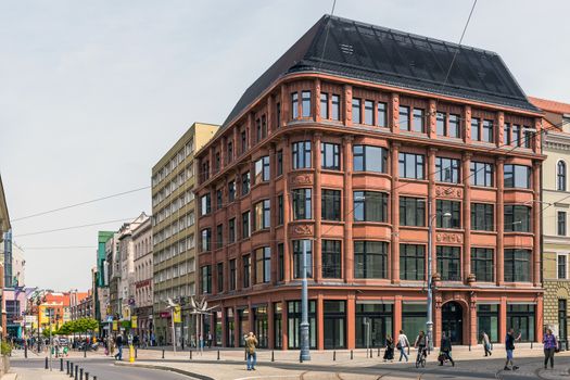 View of Swidnicka street, main avenue in Wroclaw, the largest city in western Poland and the capital of the Lower Silesian Voivodeship situated on the River Odra.