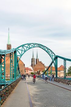 Tumski Bridge over the north branch of the Oder River in Wroclaw. Also known as Lovers Bridge where lovers leave padlocks symbolizing a strength of their feelings.