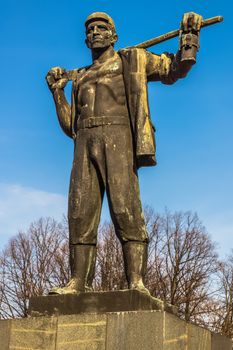Monument to Wincenty Pstrowski (1904-1948), miner, member of communist party, leader of “socialist work competition” based on his call  "Who will give more than I do?" Taken in Zabrze.
