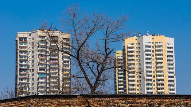 Dilapidated and renovated residential blocks in Katowice, Silesia region, Poland.