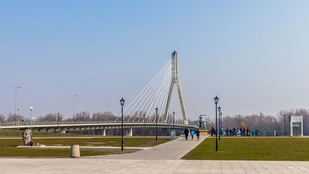 The Swietokrzyski Bridge over Vistula river. First modern cable-stayed bridge in Warsaw, 479 m long with the tower 90 m high, opened in October 2000.