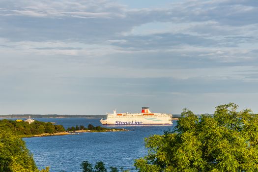 Stena Line ferry approaches the harbor in Karlskrona.  City has a daily ferry service to Gdynia, Poland transporting both goods and passengers.