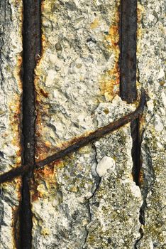 abstract background or texture rusty iron rods in concrete