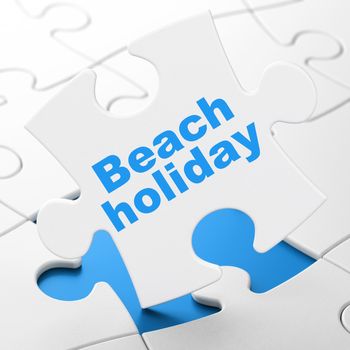 Travel concept: Beach Holiday on White puzzle pieces background, 3d render