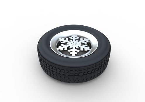 Set of winter tires with the rim of snowflake shape isolated on white background 3d illustration