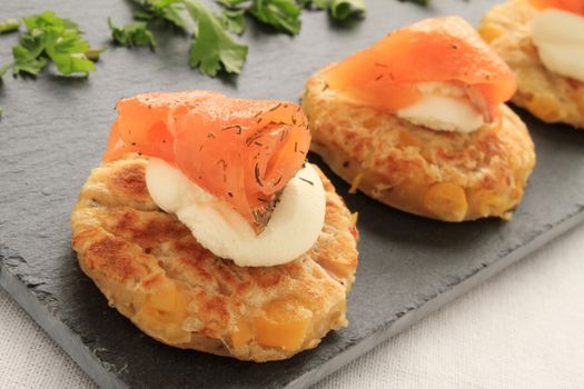 smoked salmon corn bread canapes