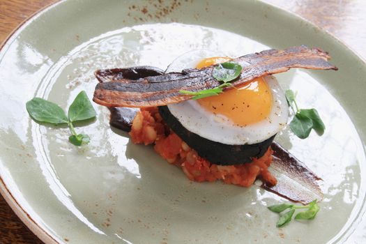 Bacon Egg Black Pudding Baked Beans Plated Meal