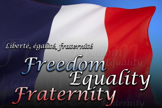 The national flag of France is a tricolour featuring three vertical bands colored royal blue, white, and red. Freedom, Equality and Fraternity