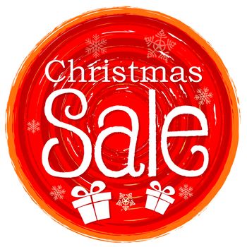 christmas sale - text and gift boxes sign in circular drawn red banner with snowflakes, business holiday concept