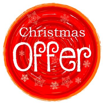 christmas offer - text and snowflakes in circular drawn red banner, business holiday concept