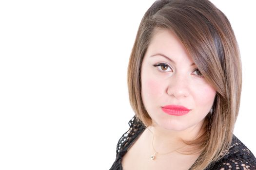 Close up Pretty Young Woman Looking at the Camera Against White Background with Copy Space.