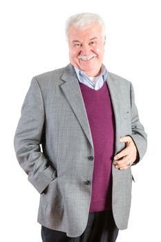 Front View Three Quarter Shot of a Cheerful Senior Businessman Having a Genuine Smile at the Camera Against White Background.