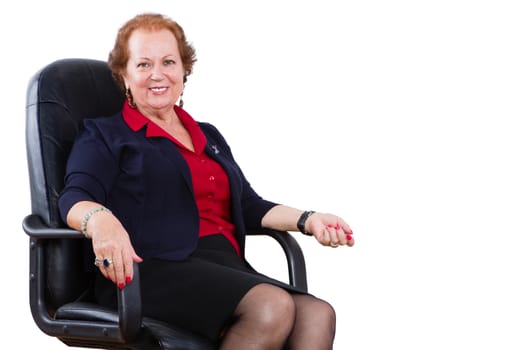 Cheerful Senior Businesswoman Sitting on her Chair And Smiling at the Camera Against White Background.
