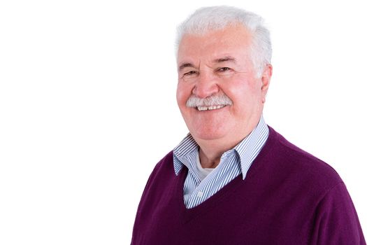 Close up Gray-Haired Senior Businessman Wearing Sweater Shirt, Smiles at Camera Against White Background.