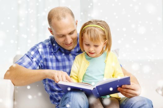 family, children, education and happy people concept - smiling father and daughter reading book at home
