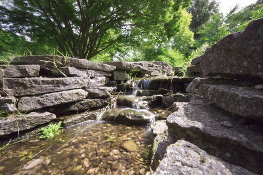 Water Streaming in Creek with trees in the background.