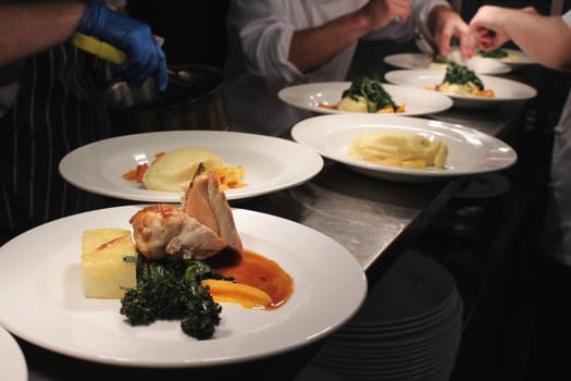 plated food in kitchen