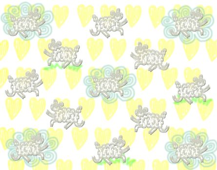 cute gray sheeps pattern with cloud and grass on yellow hearts background