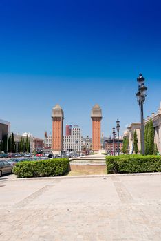 BARCELONA, SPAIN - JULY 19: Palau Nacional de Montjuic and Fira on July 19, 2012 in Barcelona, Spain. This area, built to house 1929 International Exposition, is a tourist attraction in the city