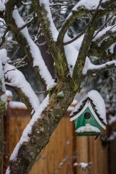 Snow covered bird house