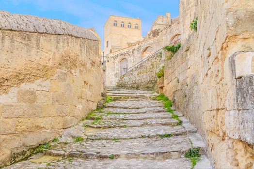 old stairs of stones, the historic building near Matera in Italy UNESCO European Capital of Culture 2019, details of old stairs