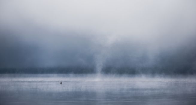 Fog rising from blue - Receding fog line on the Ottawa River - horizontal divide of two environments - air and water creates a visual spectacle.