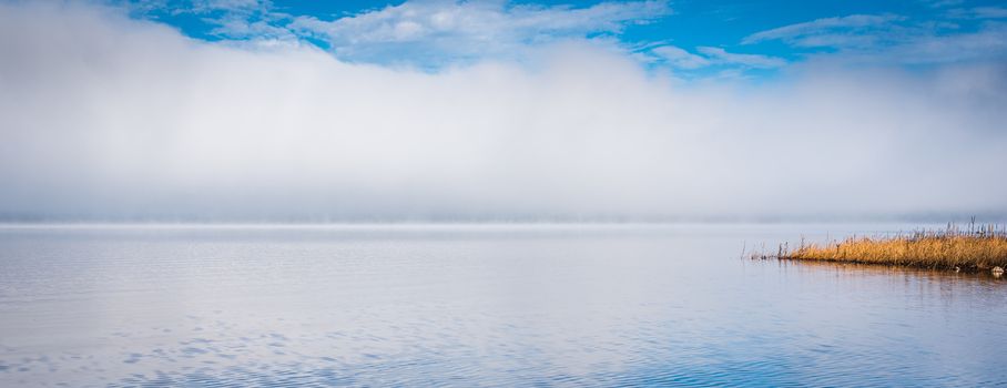 Fog rising from blue - Receding fog line on the Ottawa River - horizontal divide of two environments - air and water creates a visual spectacle.