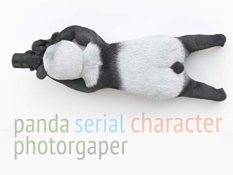 Panda photographer with camera lying on his stomach and takes picture. serial character teddy bear lying on floor on his belly overhead view.