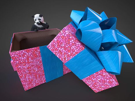 Adult panda surprised content big gift box purple with bright blue bow on dark background. Bamboo bear render and empty present lid open. Fluffy teddy stands behind surprise box and hold his buy image