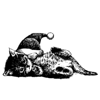 freehand sketch illustration of little cat, kitten with christmas santa hat, doodle hand drawn