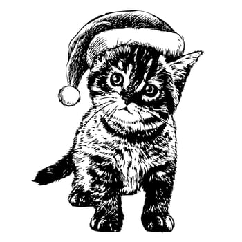 freehand sketch illustration of little cat, kitten with christmas santa hat, doodle hand drawn