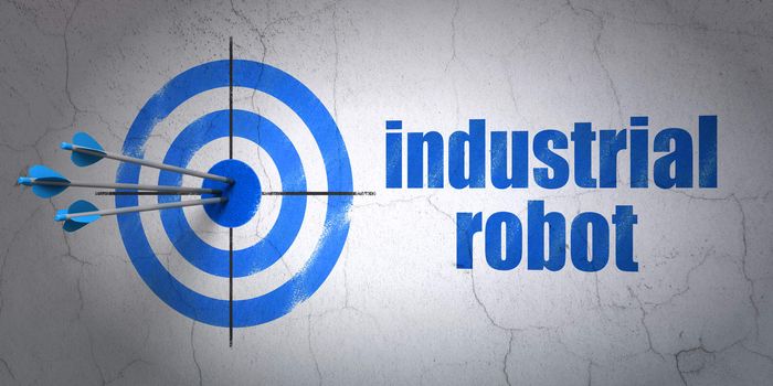 Success Industry concept: arrows hitting the center of target, Blue Industrial Robot on wall background
