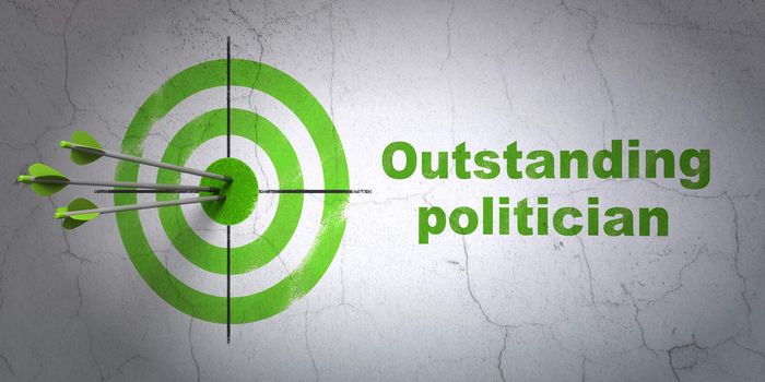 Success politics concept: arrows hitting the center of target, Green Outstanding Politician on wall background