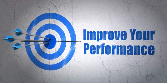 Success Studying concept: arrows hitting the center of target, Blue Improve Your Performance on wall background