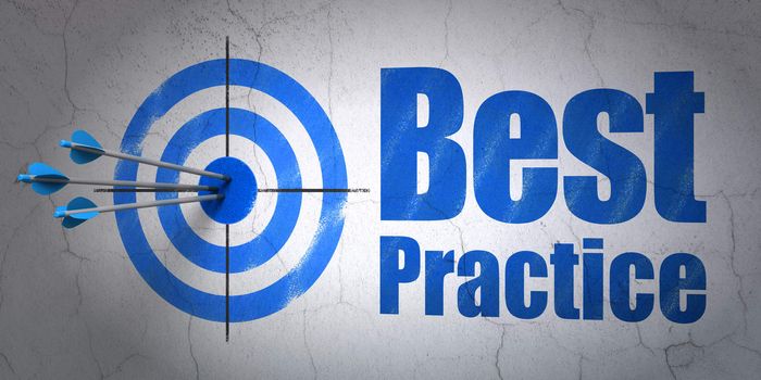 Success Studying concept: arrows hitting the center of target, Blue Best Practice on wall background