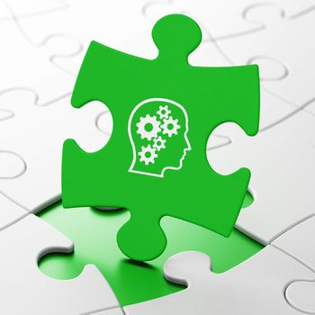 Information concept: Head With Gears on Green puzzle pieces background, 3d render
