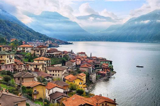 View of Como Lake, Milan, Italy, with Alps mountains in background