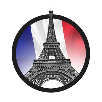 Eiffel Tower symbolizing peace sign, french flag tricolor in the background