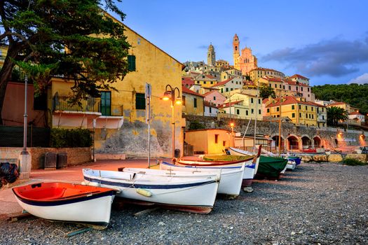 Fishing boats on a beach of medieval town Cervo on italian Riviera, Italy