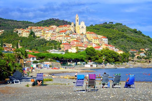 A beach on the mediterranean coast of italian Riviera by Cervo, Italy