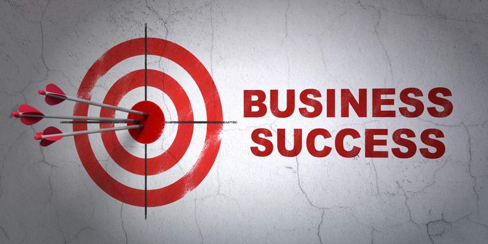 Success business concept: arrows hitting the center of target, Red Business Success on wall background
