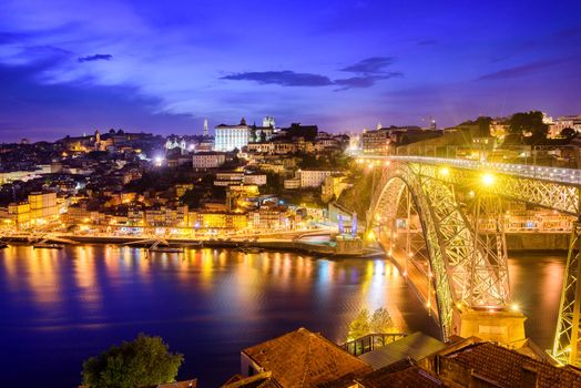 Ribeira and the Dom Luiz bridge at night, Porto, Portugal