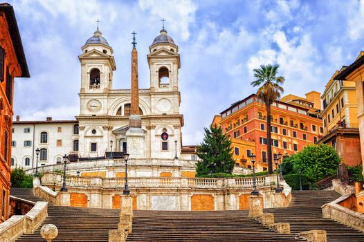 Spanish Steps and Trinita dei Monti church, a famous tourist destination in Rome, Italy