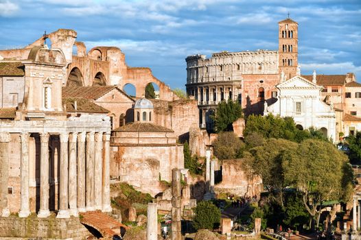 Ruins of Roman forum and Colosseum in Rome, Italy