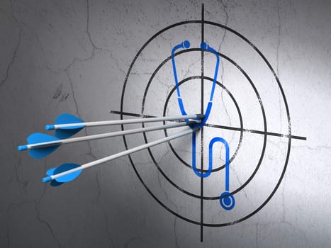 Success Healthcare concept: arrows hitting the center of Blue Stethoscope target on wall background