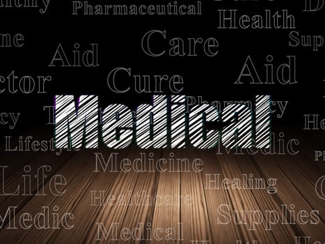 Healthcare concept: Glowing text Medical in grunge dark room with Wooden Floor, black background with  Tag Cloud